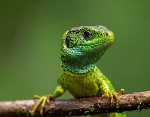 Fototapeta premium A vibrant, close-up photograph showcasing a green and blue-tinged reptile perched on a slender, brown branch against a blurred green backdrop