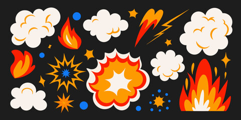Cartoon fire smoke and explosion elements on a black background © Topoti