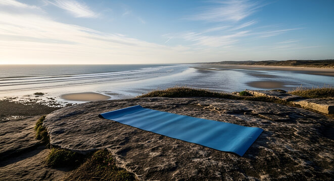 Blue Tarp on Rocky Seashore at Sunset.