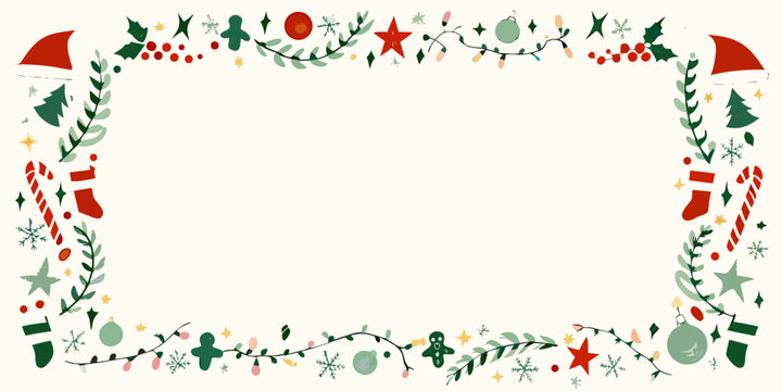 Holiday doodle rectangular frame festive vector illustration with seasonal ornaments