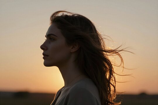 Captures Profile View Of Individual With Hair Swept Back By Wind Against Sunset Backdrop Person Contemplative Gazing Distance As Lost