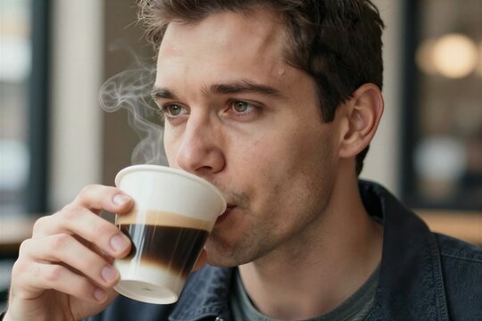 Captures Young Adult Male In Foreground Engaging With Surroundings Action Enjoying Beverage From Disposable Cup To Contain Coffee Given
