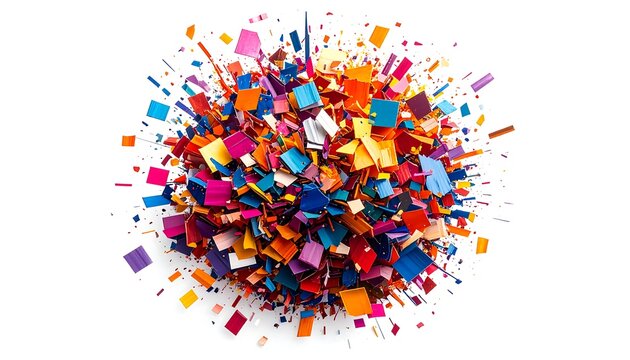 A vibrant, colorful explosion of small, square shapes against a clean white background. Various bright hues create a dynamic and energetic visual