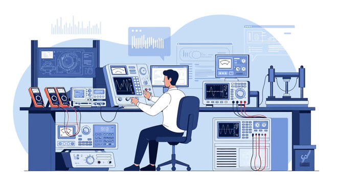 Engineer working in electronics laboratory with oscilloscopes and testing equipment