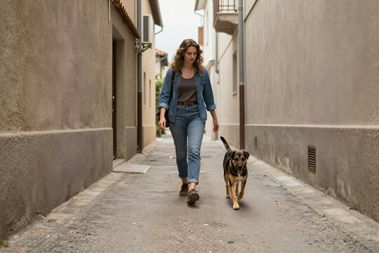 Depicts Young Woman Walking Alleyway With Dog On Leash Focused Contemplative As Gazes Forward Looking Slightly Downwards Curly Hair