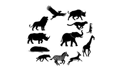 African Safari Animal Silhouette Collection with Dynamic Wildlife Poses Black Vector Icons Isolated on White Background © Md Humaun