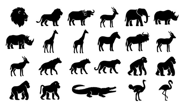Minimal African Animal Silhouettes Vector Icon Pack with Lion Buffalo Gazelle and Savannah Wildlife Isolated on White Background