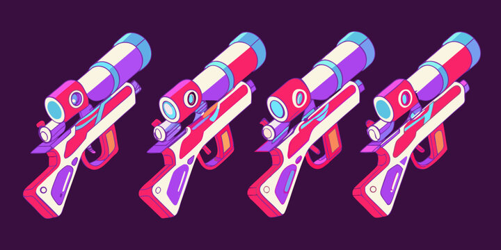 Stylized Water Blasters Isometric Vector Illustration On Purple Background