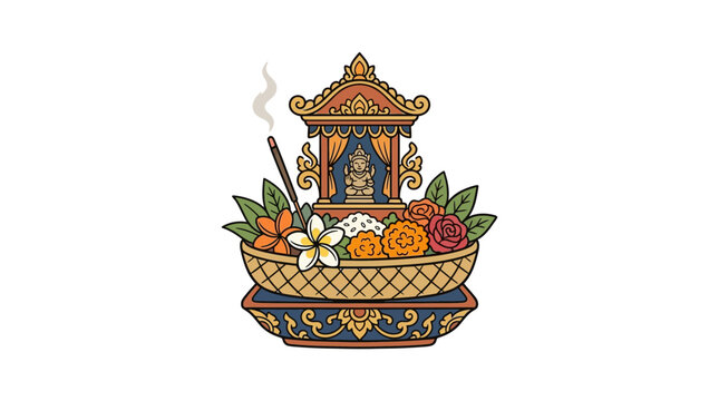 Balinese Hindu offering with flowers and incense on white background