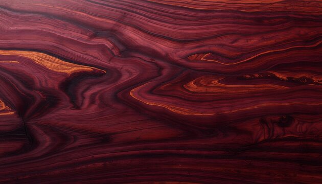 Intricate interlocking grain patterns with deep violet, rich burgundy, and warm golden brown streaks. Highly polished lacquered surface with subtle reflections and sharp focus