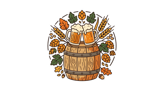 Beer mugs on barrel with hops and wheat.