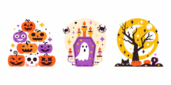 Halloween themed vector illustrations with pumpkins coffins and trees