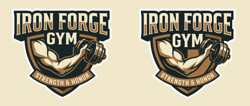 This powerful logo features a muscular arm and a dumbbell emphasizing strength and honor, perfect for a gym looking to attract fitness enthusiasts and bodybuilders.