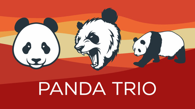 This colorful illustration features a trio of panda characters, capturing their playful nature and charm, ideal for children's products or wildlife-themed decor.