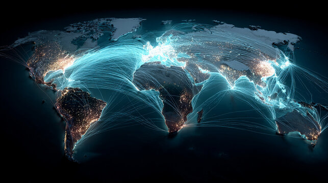 Global maritime routes map showing freight shipping lanes across continents at night