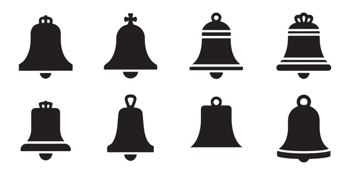 Traditional bronze bell vector icons set including various hanging and clapper style bell shapes for.