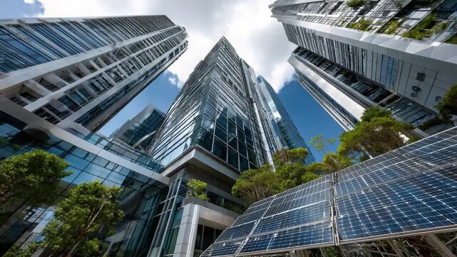 Sustainable Skyscraper Harmony: Modern skyscrapers integrated with solar panels showcase a vision of sustainable urban development, reflecting a blend of technology and nature under a bright sky.