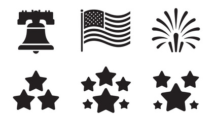 American independence day icons collection featuring liberty bell flag and celebratory firework set. © Bd Artist