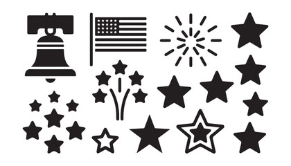 Patriotic vector icon set featuring american flag stars liberty bell and firework symbols on grid. © Bd Artist