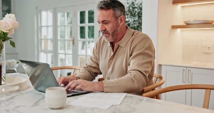 Documents, laptop and man in kitchen at house with pro bono case for legal settlement with contract. Technology, typing and mature attorney with remote work for law project with research in home.