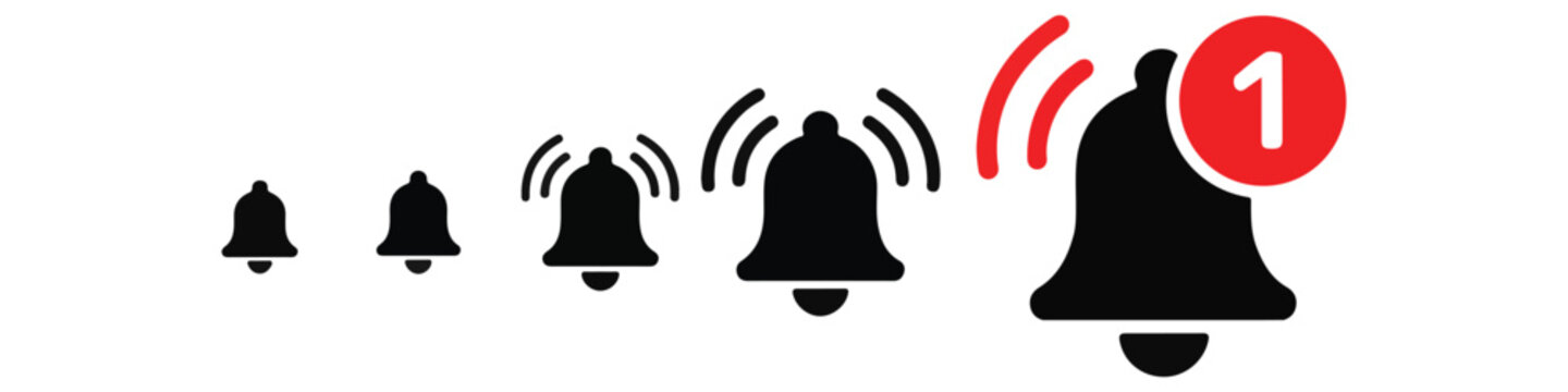 Notification bell icon sequence showing silent alert ringing and new message status with red badge.