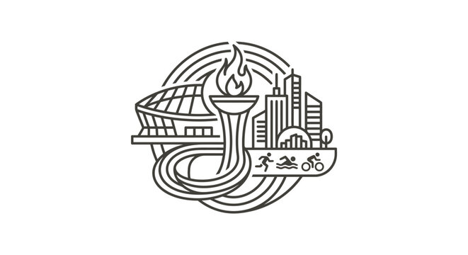 Olympic torch with city stadium and multi sport icons.