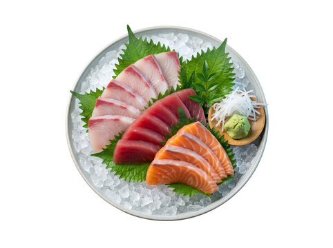 Fresh sashimi platter with salmon and tuna served on crushed ice