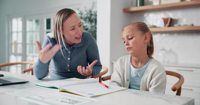 Mom, child or upset with homework for learning difficulty, ADHD or development in home. Frustrated mother, fighting or discussion with kid, daughter or girl for education, help or support in house
