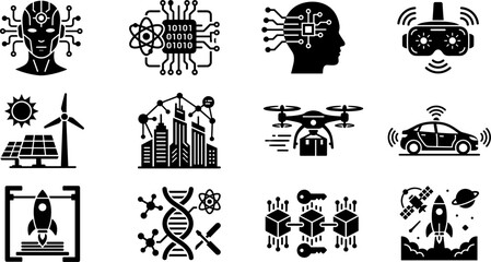 Obraz premium Future Technology Icon Set 12 Black Vector AI Innovation Science