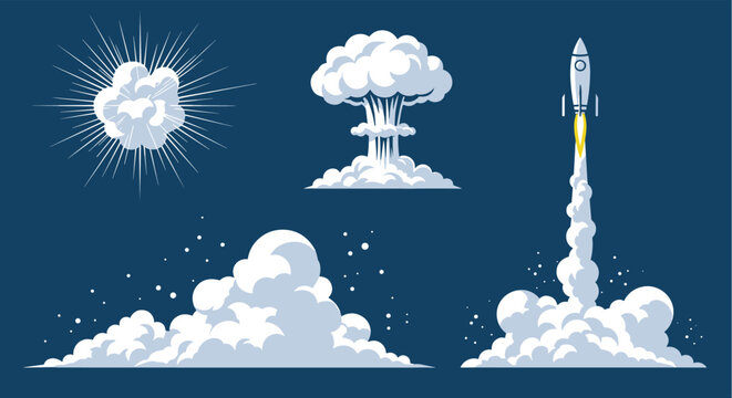 Dynamic set of illustrations featuring various cloud formations from a nuclear explosion, a rocket launch, and a blast.