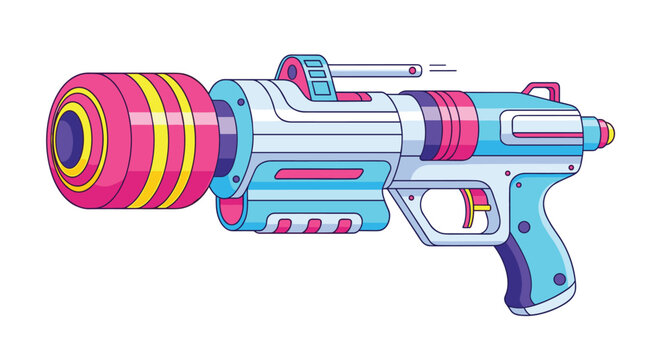 High-tech futuristic laser gun with a pink and yellow barrel and blue body designed for sci-fi adventures and space games.