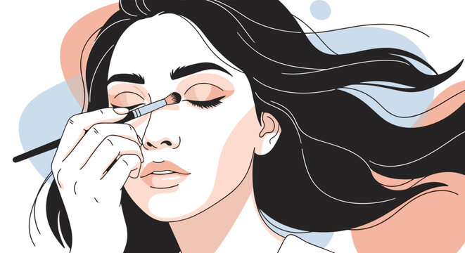 Close up illustration of a beautiful woman with long dark hair applying eyeshadow with a professional makeup brush to her eyelid.