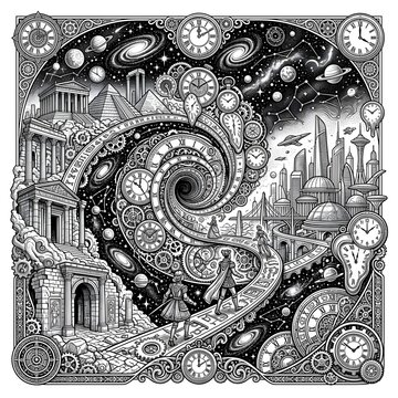 Time Spiral: Journey From Ancient Ruins to Futuristic City Through Cosmic Clocks and Gears