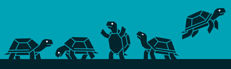 Illustration of a turtle evolving from crawling to flying, symbolizing progress and transformation. © Riki
