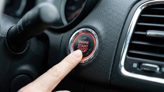 Finger pressing car engine start button on steering wheel