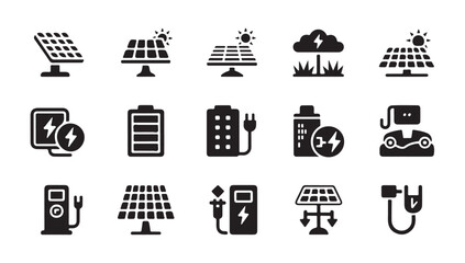Clean energy technology glyph icons including solar panels batteries and charging stations. © Tamanna