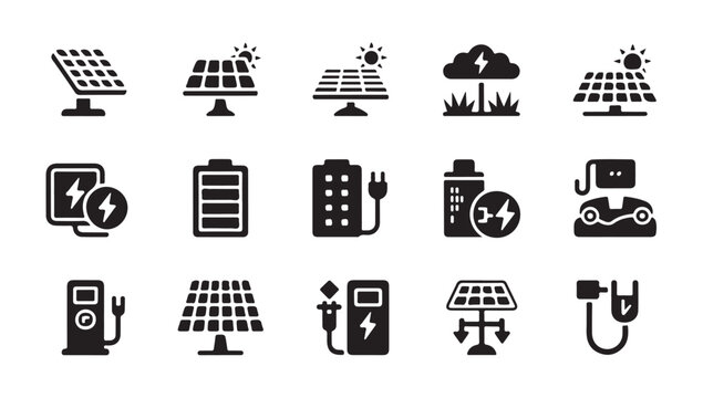 Clean energy technology glyph icons including solar panels batteries and charging stations.