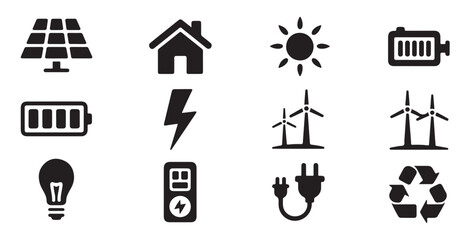 Green energy icon set with solar panels house wind turbines battery and recycle symbols. © Tamanna
