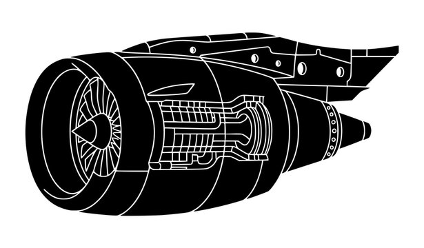 Industrial Aircraft Turbine Engine Blueprint Style Vector Illustration with Black Silhouette Side Profile Isolated