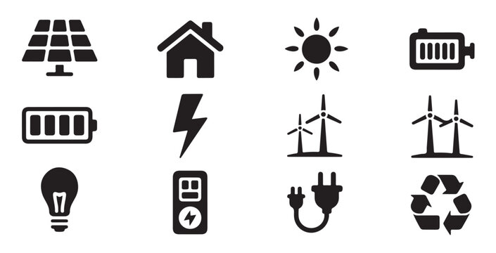 Green energy icon set with solar panels house wind turbines battery and recycle symbols.