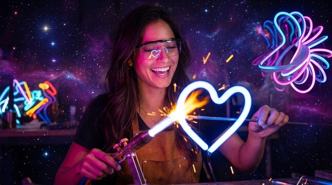 Smiling woman glassblower using a blowtorch to shape a glowing heart neon sign in an artistic workshop