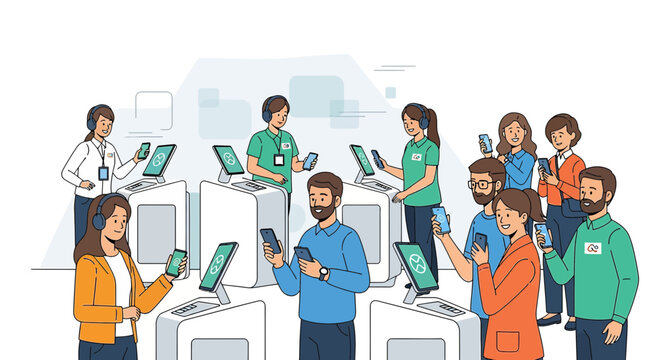 Customers using smartphones in a modern electronics store, illustration