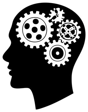 Silhouette head filled with gear cogs representing human thought process, brain function, ideas, and mechanical intelligence.