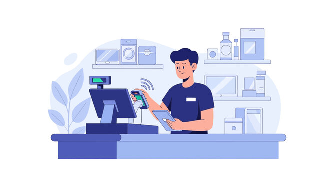 Cashier using mobile payment at electronics store checkout counter