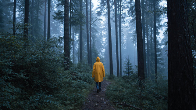 Solitary Hiker in Yellow Jacket Surrounded by Foggy Pine Forest