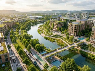 Fototapeta premium Sustainable ecofriendly urban cityscape with river and green architecture