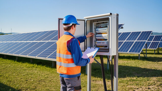 Technician inspecting power box, Photovoltaic installation service, Renewable energy worker, Electrical panel adjustment, Green energy generation maintenance, Engineer connecting wires