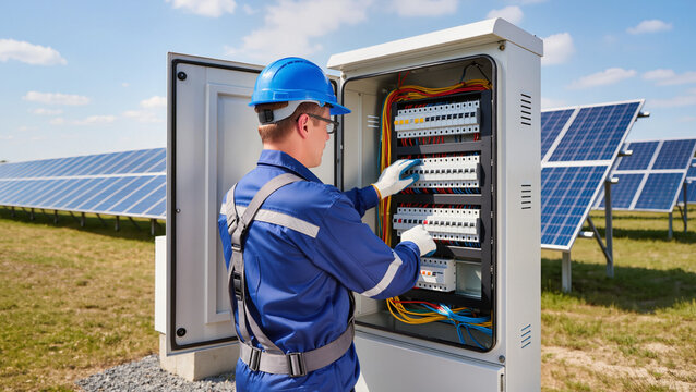 Technician inspecting power box, Photovoltaic installation service, Renewable energy worker, Electrical panel adjustment, Green energy generation maintenance, Engineer connecting wires