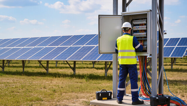 Technician inspecting power box, Photovoltaic installation service, Renewable energy worker, Electrical panel adjustment, Green energy generation maintenance, Engineer connecting wires