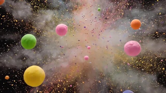 Vibrant spheres explode in a burst of colorful powder particles